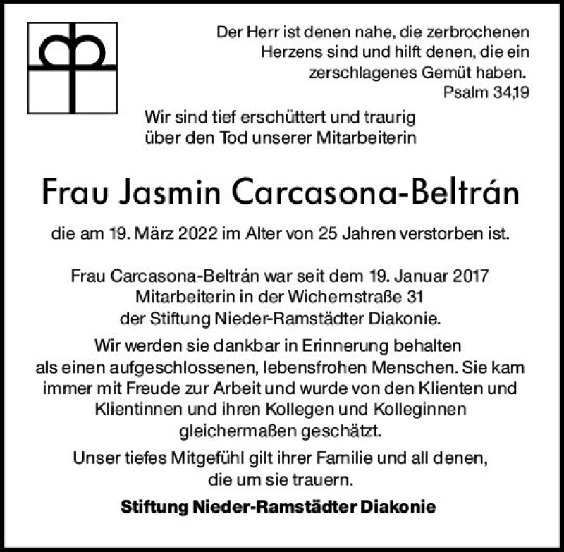  Traueranzeige für Jasmin Carcasona Beltran vom 05.04.2022 aus vrm-trauer Darmstädter Echo