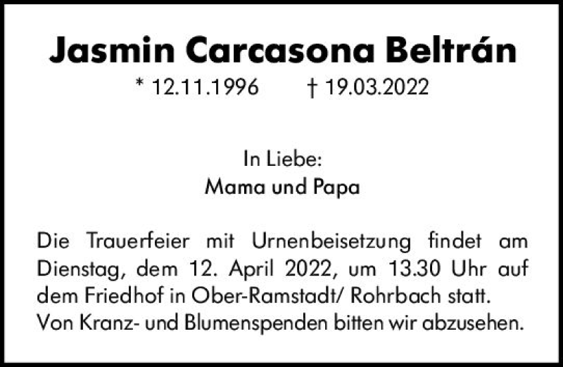  Traueranzeige für Jasmin Carcasona Beltran vom 05.04.2022 aus vrm-trauer Darmstädter Echo