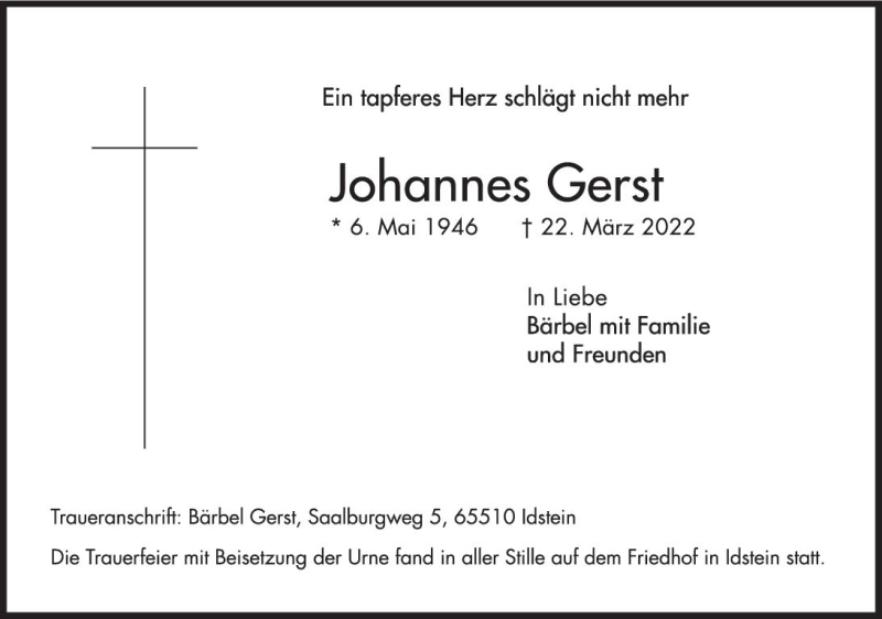  Traueranzeige für Johannes Gerst vom 02.04.2022 aus vrm-trauer Idsteiner Zeitung