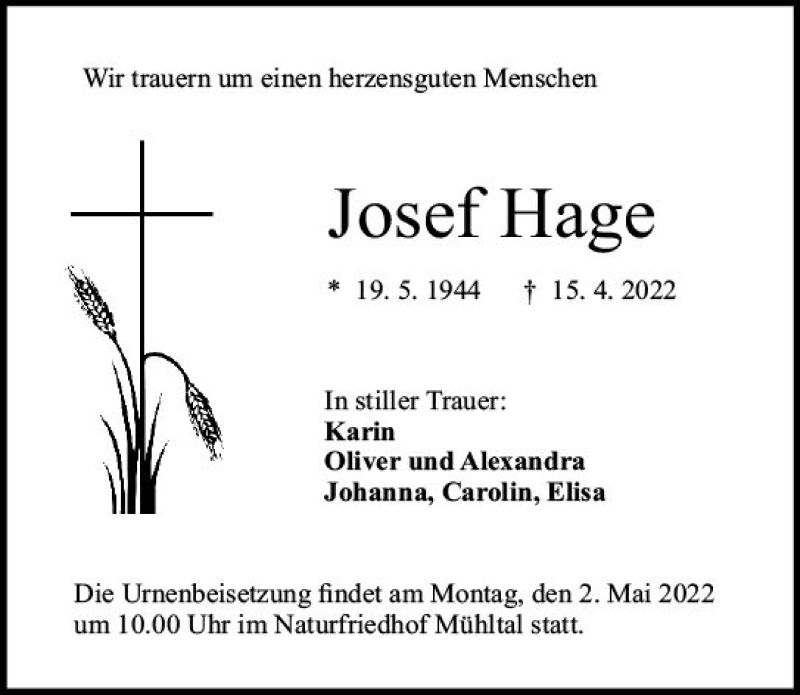  Traueranzeige für Josef Hage vom 23.04.2022 aus vrm-trauer Darmstädter Echo