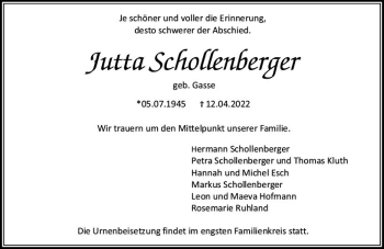 Traueranzeige von Jutta Schollenberger von vrm-trauer Allgemeine  Zeitung Ingelheim-Bingen