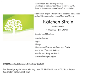 Traueranzeige von Kätchen Strein von vrm-trauer Odenwälder Echo