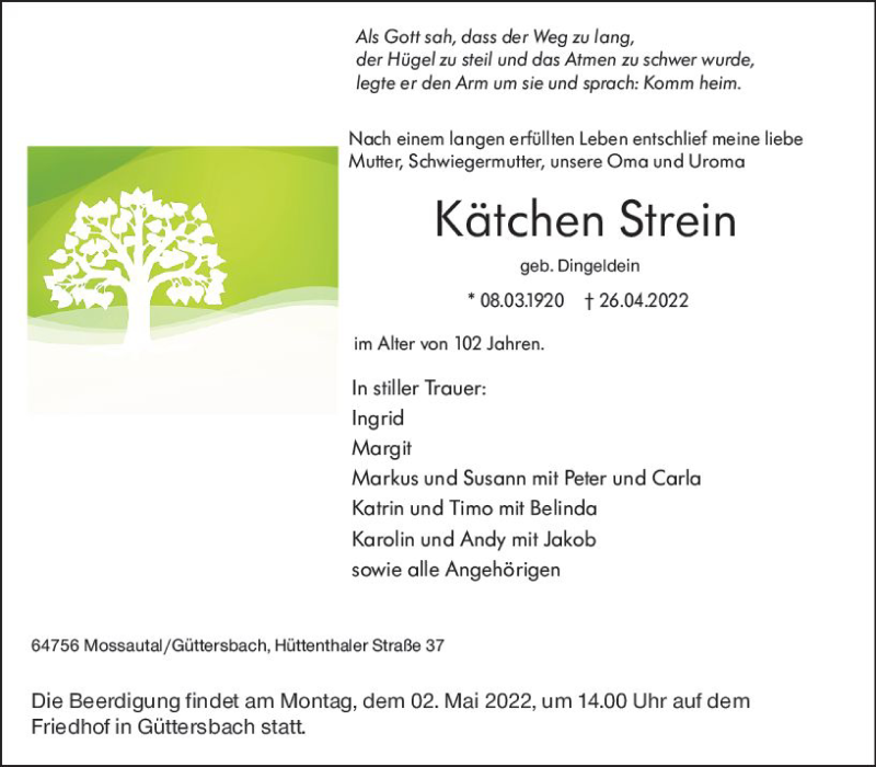  Traueranzeige für Kätchen Strein vom 30.04.2022 aus vrm-trauer Odenwälder Echo