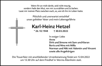 Traueranzeige von Karl-Heinz Hetzel von vrm-trauer Wormser Zeitung
