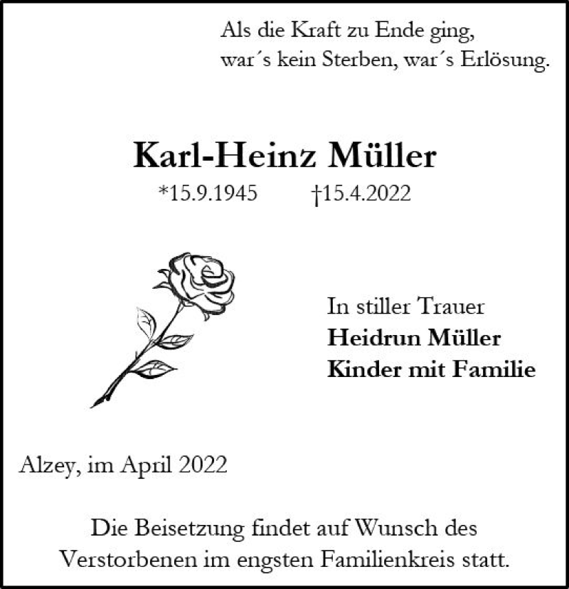  Traueranzeige für Karl-Heinz Müller vom 23.04.2022 aus vrm-trauer Allgemeine Zeitung Alzey