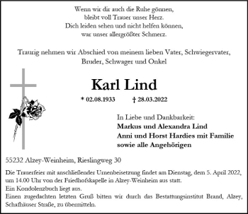 Traueranzeige von Karl Lind von vrm-trauer Allgemeine Zeitung Alzey