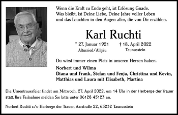 Traueranzeige von Karl Ruchti von vrm-trauer Wiesbadener Kurier