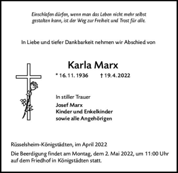 Traueranzeige von Karla Marx von vrm-trauer Rüsselsheimer Echo / MainSpitze