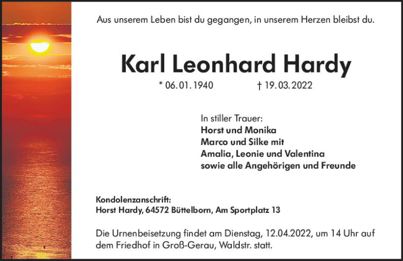  Traueranzeige für Karl Leonhard Hardy vom 09.04.2022 aus vrm-trauer Groß-Gerauer Echo