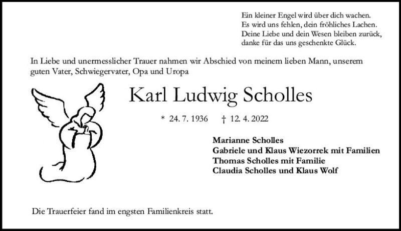  Traueranzeige für Karl Ludwig Scholles vom 23.04.2022 aus vrm-trauer Darmstädter Echo