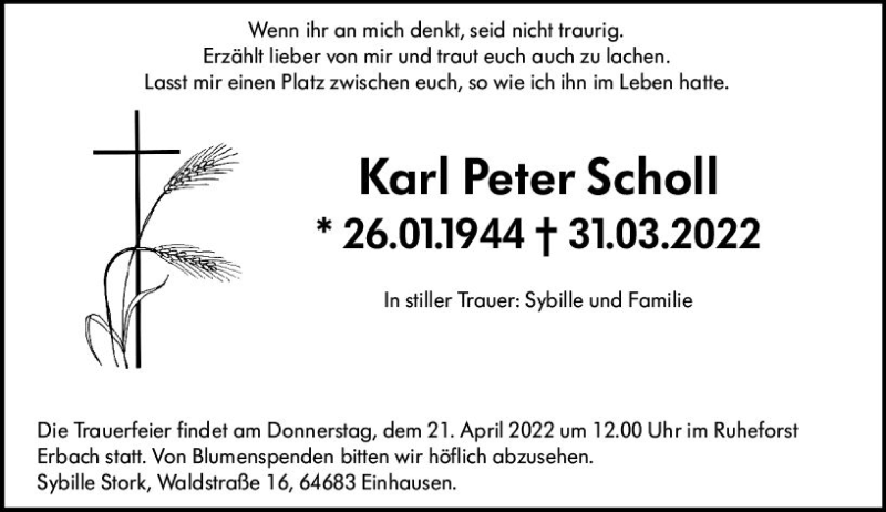 Traueranzeige für Karl Peter Scholl vom 09.04.2022 aus vrm-trauer Odenwälder Echo