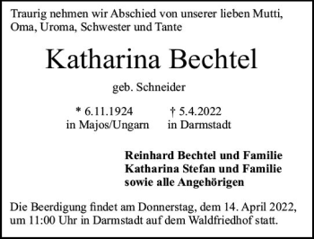 Traueranzeige von Katharina Bechtel von vrm-trauer Darmstädter Echo