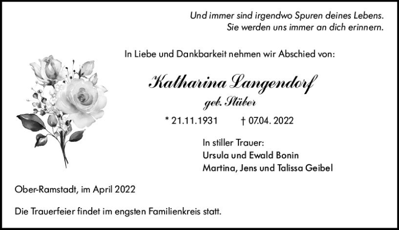  Traueranzeige für Katharina Langendorf vom 13.04.2022 aus vrm-trauer Darmstädter Echo