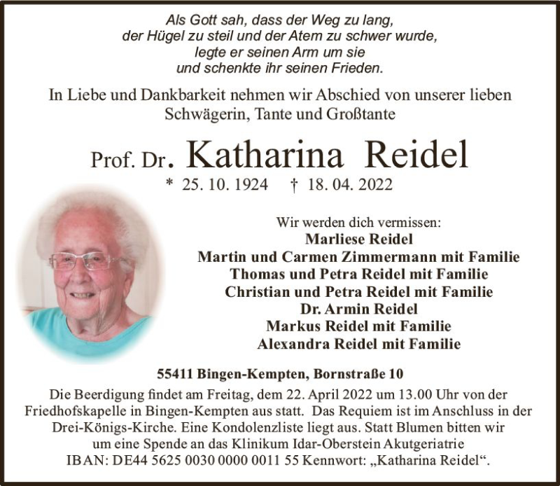  Traueranzeige für Katharina Reidel vom 21.04.2022 aus vrm-trauer Allgemeine  Zeitung Ingelheim-Bingen