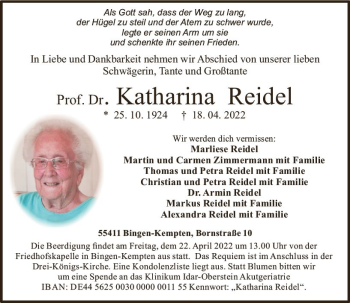 Traueranzeige von Katharina Reidel von vrm-trauer Allgemeine  Zeitung Ingelheim-Bingen