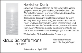 Traueranzeige von Klaus Schafferhans von vrm-trauer Darmstädter Echo