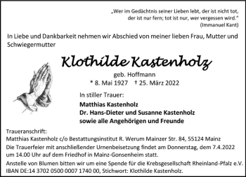 Traueranzeige von Klothilde Kastenholz von vrm-trauer AZ Mainz
