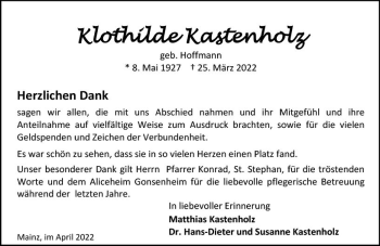 Traueranzeige von Klothilde Kastenholz von vrm-trauer AZ Mainz