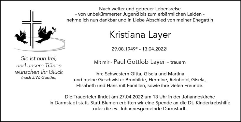  Traueranzeige für Kristiana Layer vom 23.04.2022 aus vrm-trauer Darmstädter Echo