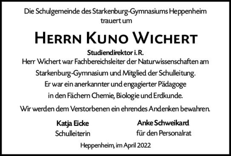 Traueranzeige für Kuno Wichert vom 09.04.2022 aus vrm-trauer Bürstädter/Lamperth. Ztg/Starkenburger