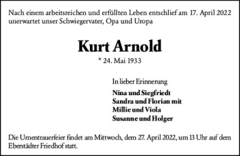 Traueranzeige von Kurt Arnold von vrm-trauer Darmstädter Echo