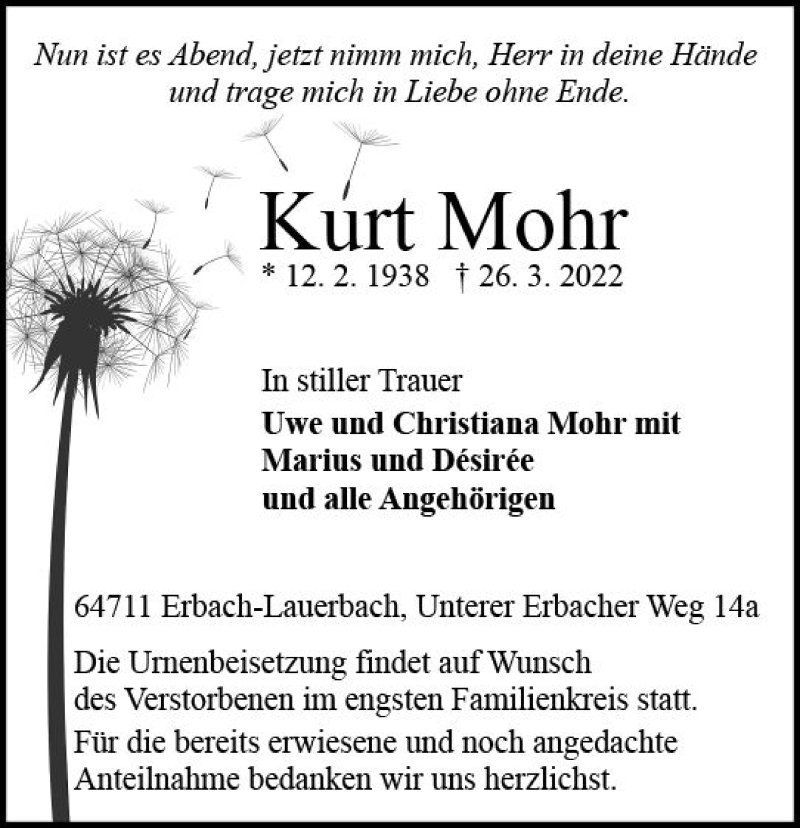  Traueranzeige für Kurt Mohr vom 02.04.2022 aus vrm-trauer Odenwälder Echo