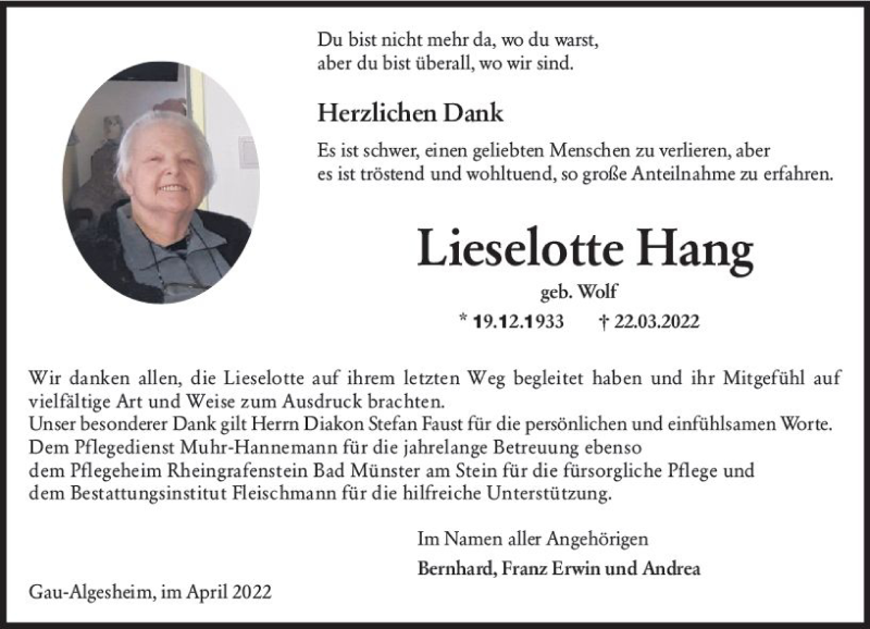  Traueranzeige für Lieselotte Hang vom 30.04.2022 aus vrm-trauer Allgemeine  Zeitung Ingelheim-Bingen