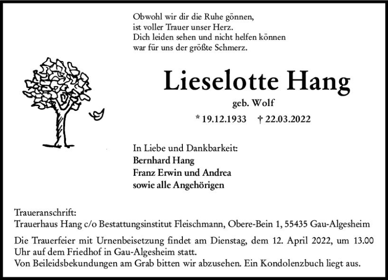  Traueranzeige für Lieselotte Hang vom 08.04.2022 aus vrm-trauer Allgemeine  Zeitung Ingelheim-Bingen
