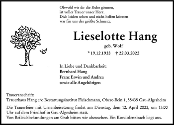 Traueranzeige von Lieselotte Hang von vrm-trauer Allgemeine  Zeitung Ingelheim-Bingen