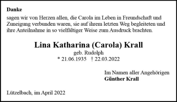 Traueranzeige von Lina Katharina Krall von vrm-trauer Odenwälder Echo