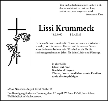 Traueranzeige von Lissi Krummeck von vrm-trauer Rüsselsheimer Echo / MainSpitze