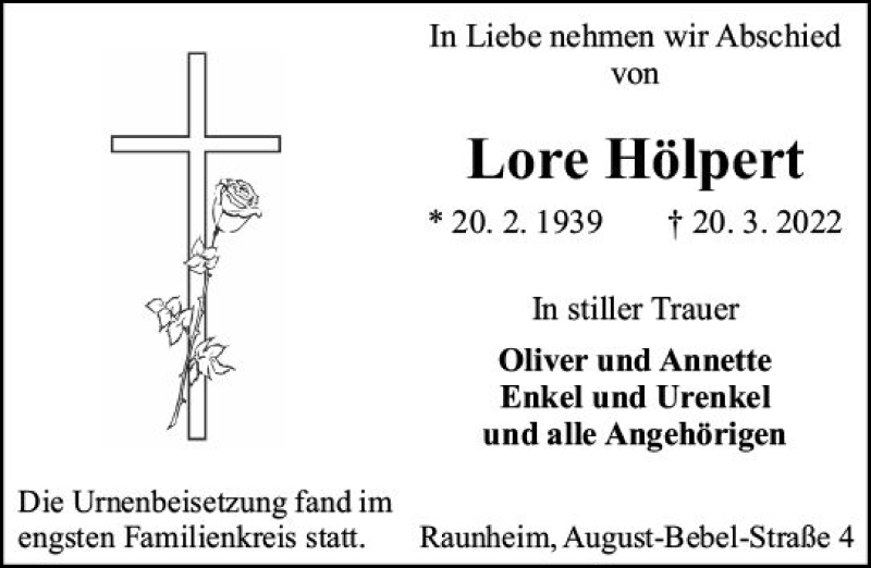  Traueranzeige für Lore Hölpert vom 02.04.2022 aus vrm-trauer Rüsselsheimer Echo / MainSpitze