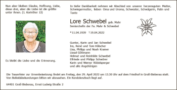 Traueranzeige von Lore Schwebel von vrm-trauer Groß-Gerauer Echo