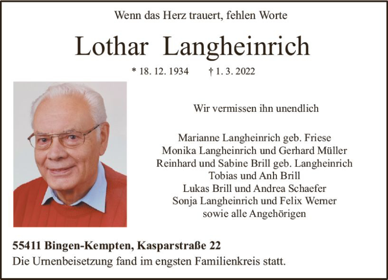  Traueranzeige für Lothar Langheinrich vom 02.04.2022 aus vrm-trauer Allgemeine  Zeitung Ingelheim-Bingen
