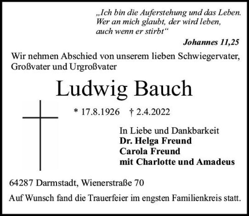  Traueranzeige für Ludwig Bauch vom 09.04.2022 aus vrm-trauer Darmstädter Echo