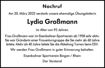 Traueranzeige von Lydia Großmann von vrm-trauer Allgemeine  Zeitung Ingelheim-Bingen