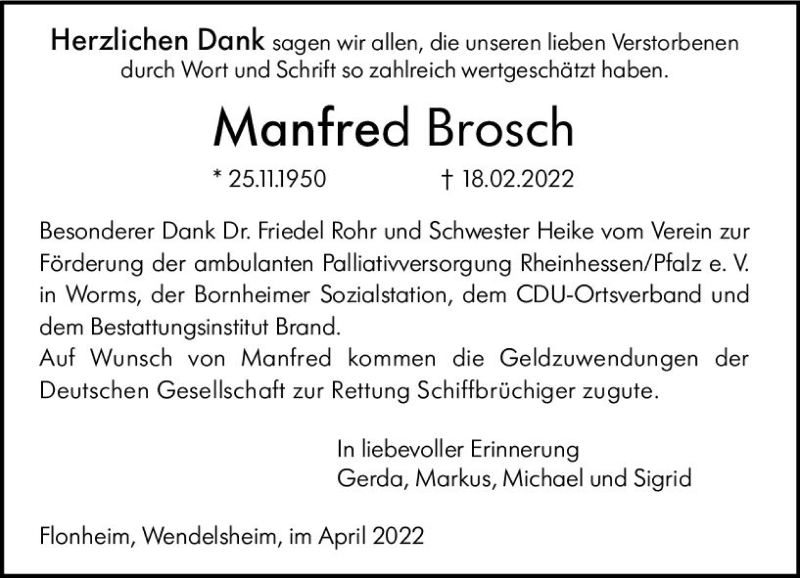 Traueranzeige für Manfred Brosch vom 02.04.2022 aus vrm-trauer Allgemeine Zeitung Alzey