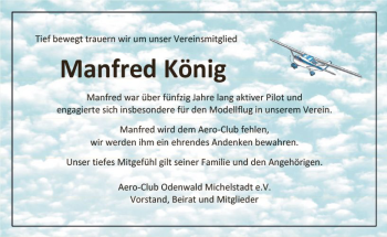 Traueranzeige von Manfred König von vrm-trauer Odenwälder Echo