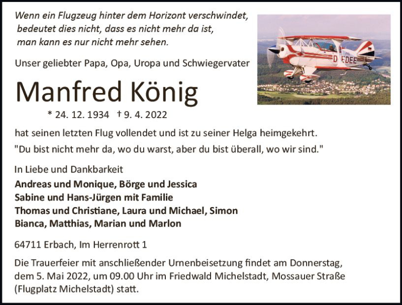 Traueranzeige für Manfred König vom 23.04.2022 aus vrm-trauer Odenwälder Echo