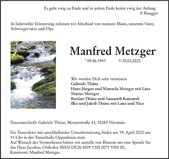 Traueranzeige von Manfred Metzger von vrm-trauer AZ Mainz