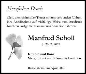 Traueranzeige von Manfred Scholl von vrm-trauer Rüsselsheimer Echo / MainSpitze