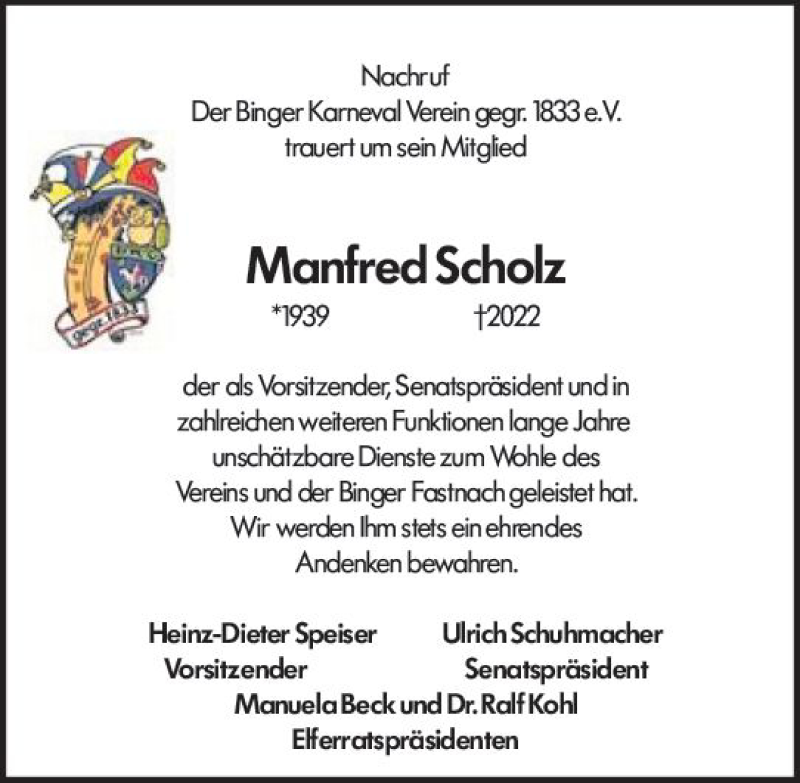  Traueranzeige für Manfred Scholz vom 05.04.2022 aus vrm-trauer Allgemeine  Zeitung Ingelheim-Bingen