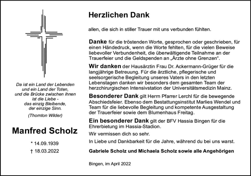  Traueranzeige für Manfred Scholz vom 09.04.2022 aus vrm-trauer Allgemeine  Zeitung Ingelheim-Bingen