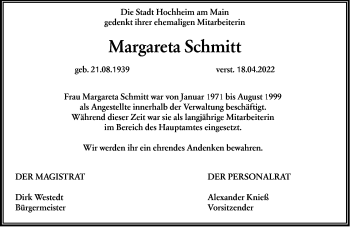 Traueranzeige von Margareta Schmitt von vrm-trauer Hochheimer Zeitung