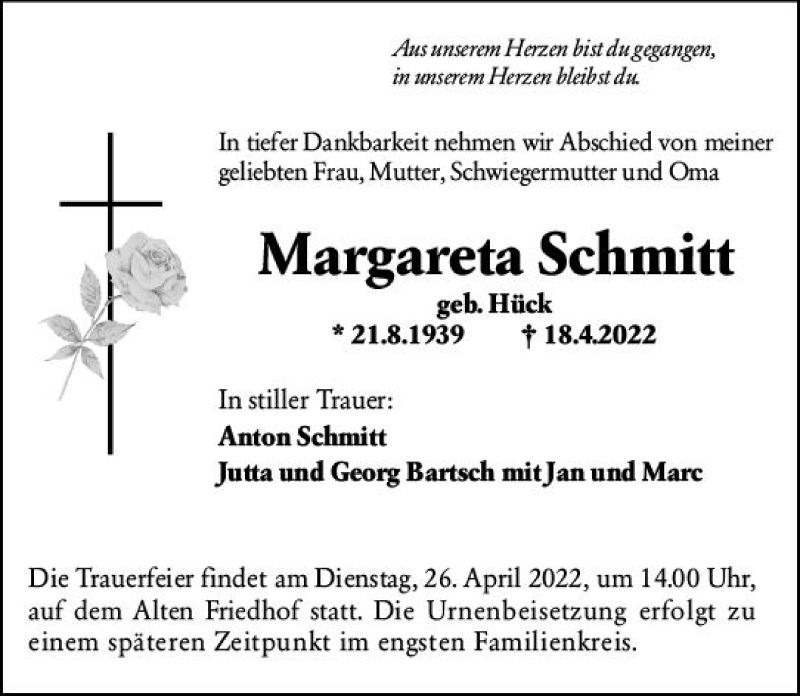  Traueranzeige für Margareta Schmitt vom 22.04.2022 aus vrm-trauer Hochheimer Zeitung