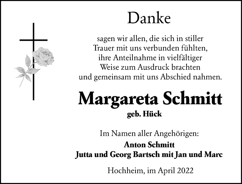  Traueranzeige für Margareta Schmitt vom 29.04.2022 aus vrm-trauer Hochheimer Zeitung
