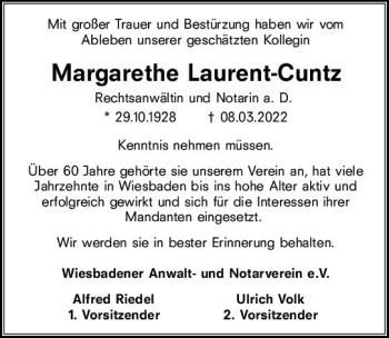 Traueranzeige von Margarethe Laurent-Cuntz von vrm-trauer Wiesbadener Kurier