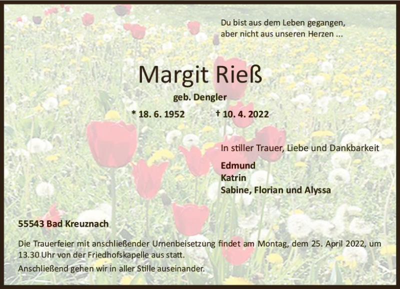  Traueranzeige für Margit Rieß vom 20.04.2022 aus vrm-trauer Allg. Zeitung Bad Kreuznach