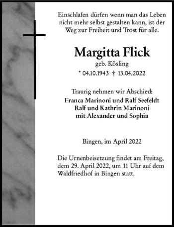 Traueranzeige von Margitta Flick von vrm-trauer Allgemeine  Zeitung Ingelheim-Bingen