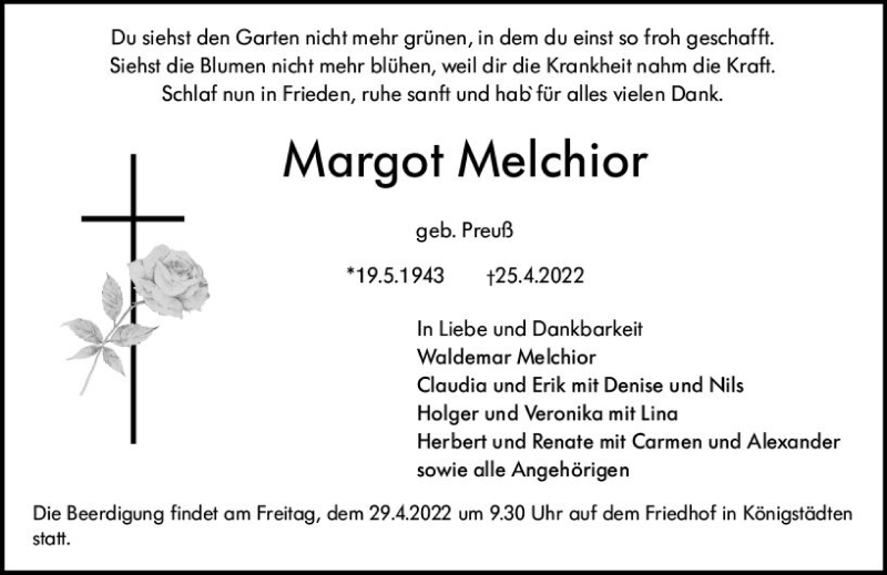  Traueranzeige für Margot Melchior vom 27.04.2022 aus vrm-trauer Rüsselsheimer Echo / MainSpitze